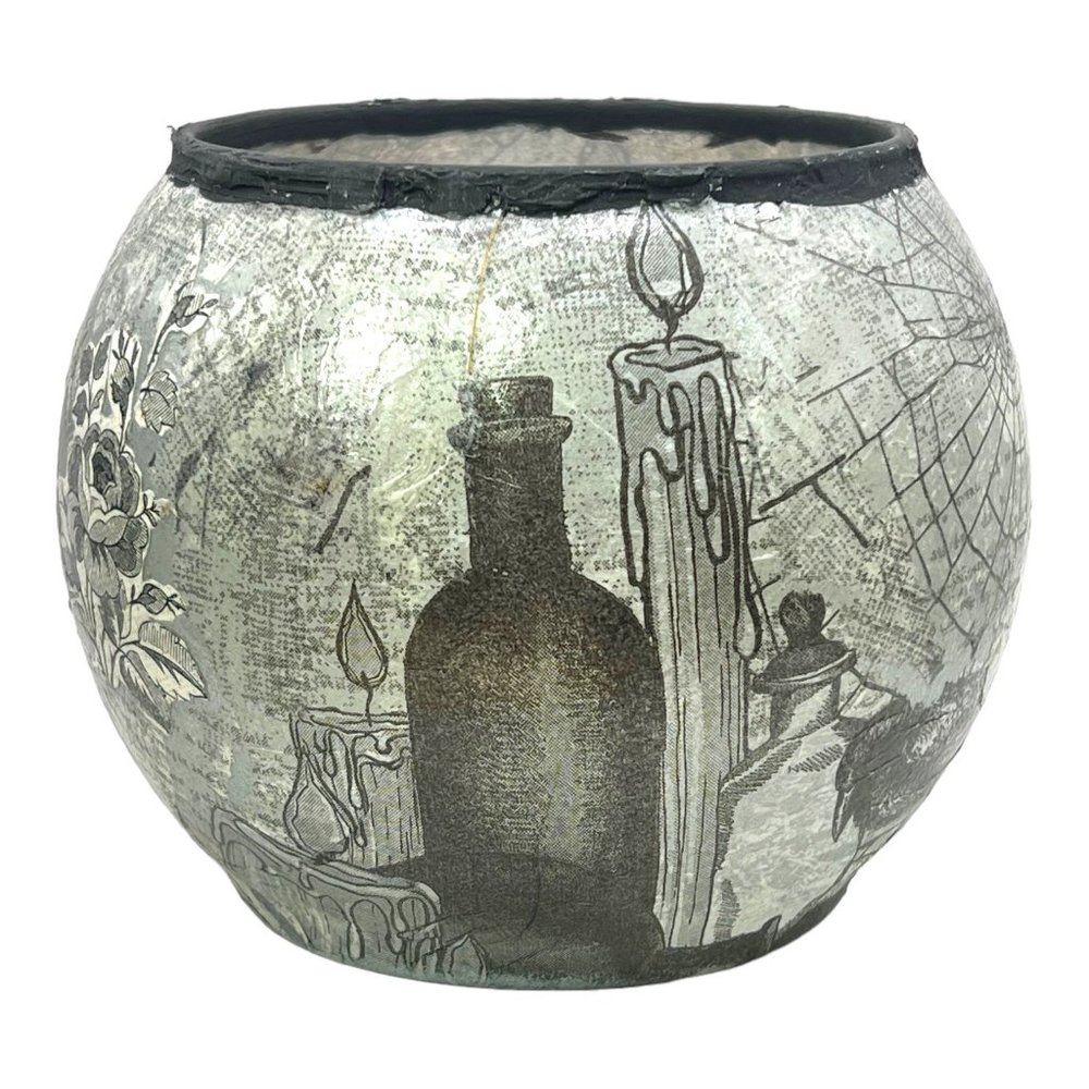 Handmade Halloween Design Glass Dome Candle Holder “Witches Cauldron” Decoupaged